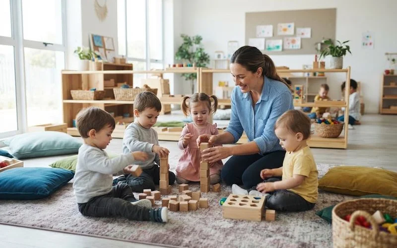 Educator supervising a small group of toddlers during outdoor play at a Brisbane childcare centre