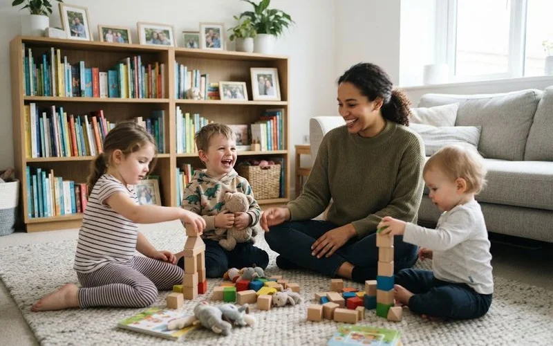 Family day care educator sitting on the floor with a small group of toddlers doing a puzzle in a home setting