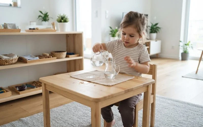 Child carefully pouring water between two small jugs at a Montessori-style practical life activity table