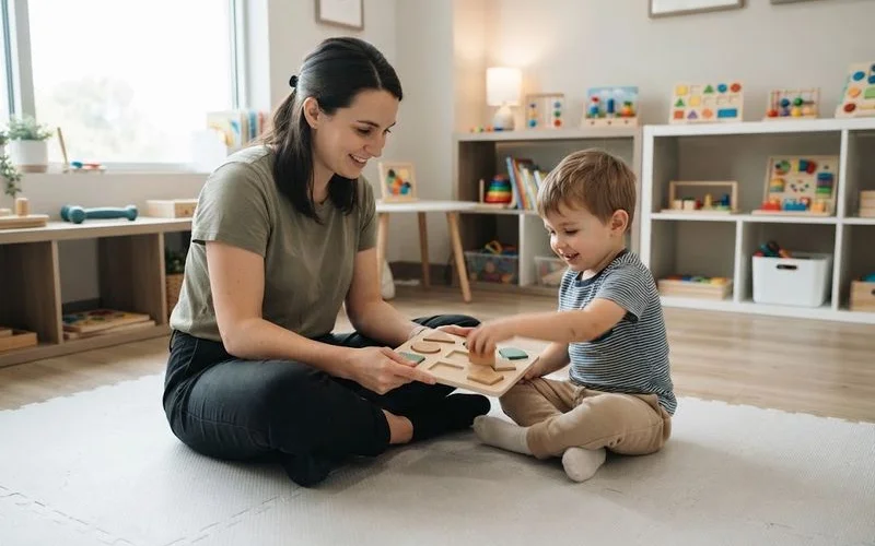 Educator sitting with a child during a quiet, individual activity in a calm corner of a childcare classroom