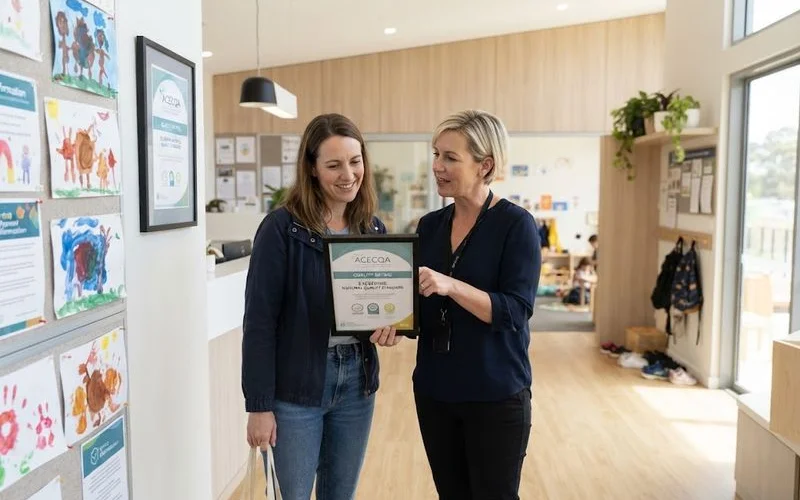 Parent reading a printed ACECQA quality rating certificate displayed near a childcare centre's entrance