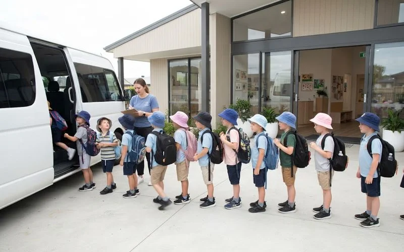 Group of school-aged children on an excursion outing during Brisbane school holiday vacation care